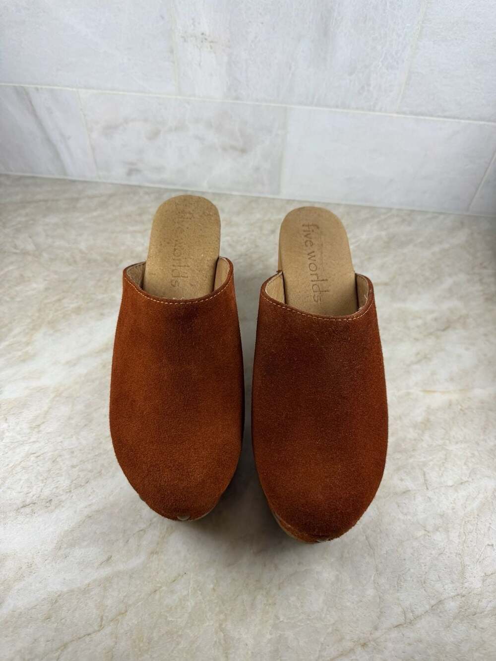 Five Worlds Brown Suede Studded Wooden Clog Heels Size 7 Boho Mules - Picture 2 of 9